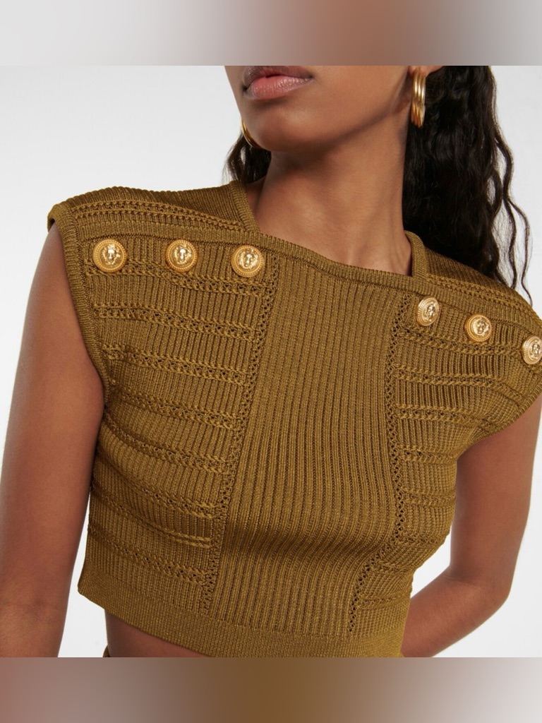 Balmain Khaki Embellished Knit Top With Gold Signature Crested Buttons
